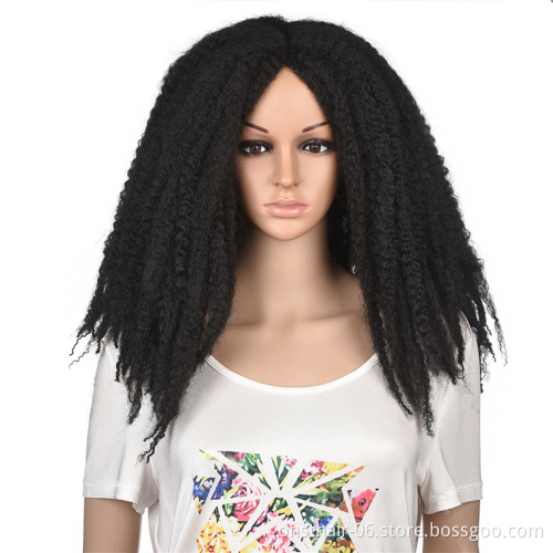 Synthetic Afro Wigs Middle Part Wig Kinky Curly Yaki Straight 16 Inch Long Fluffy Hair for African Women None Lace Wigs 130%